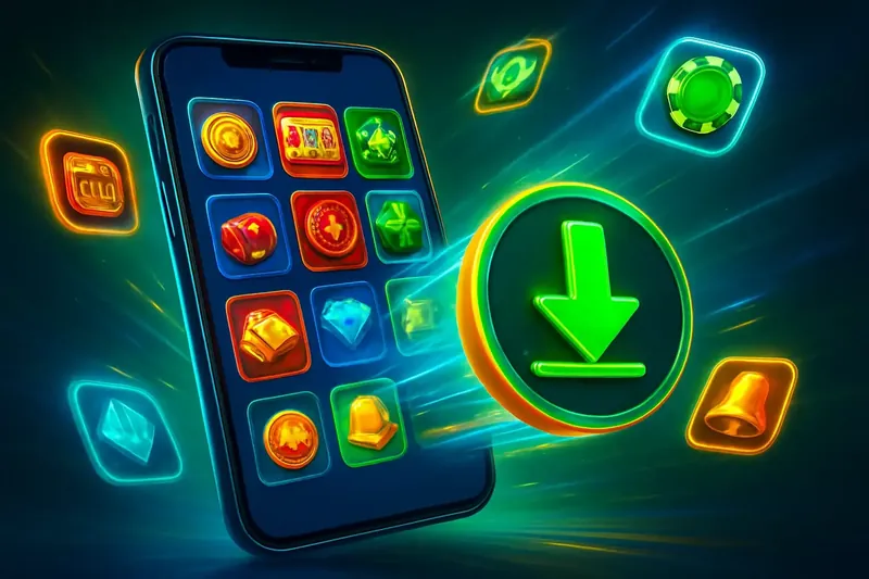 Glossy smartphone casino app banner with neon download symbol and glowing tiles