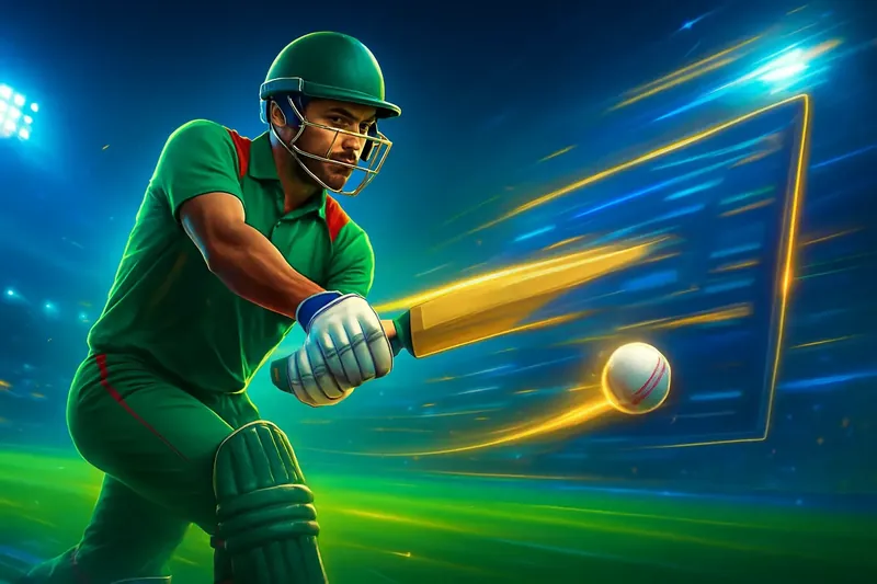 Cricket Sportsbook Action Cricket batter striking ball under stadium lights in dynamic sportsbook banner