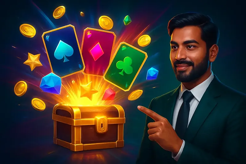 Reward Chest Burst Glowing reward chest with bonus cards, coins, gems, and stars