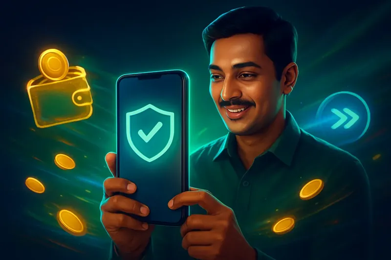 Hand holding smartphone with secure mobile wallet, coins, and speed effects
