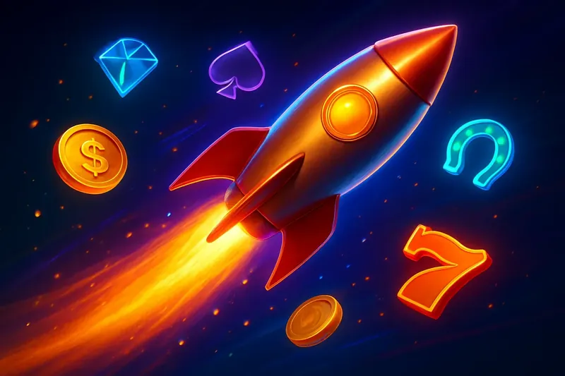 Rocket launch casino banner with neon speed trails and glowing game particles