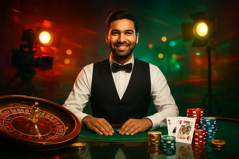Friendly professional live dealer with roulette, cards, chips, and studio lights