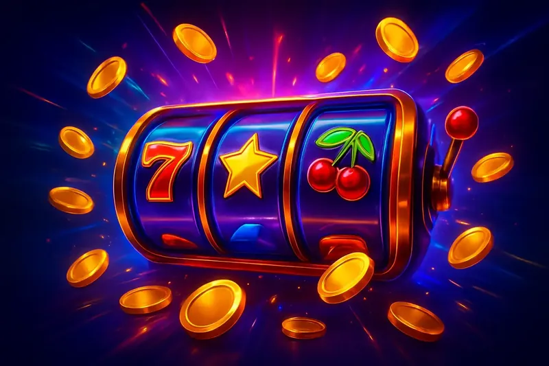 Explosive Slot Banner Colorful spinning slot machine with coins, sparkles, and neon casino glow